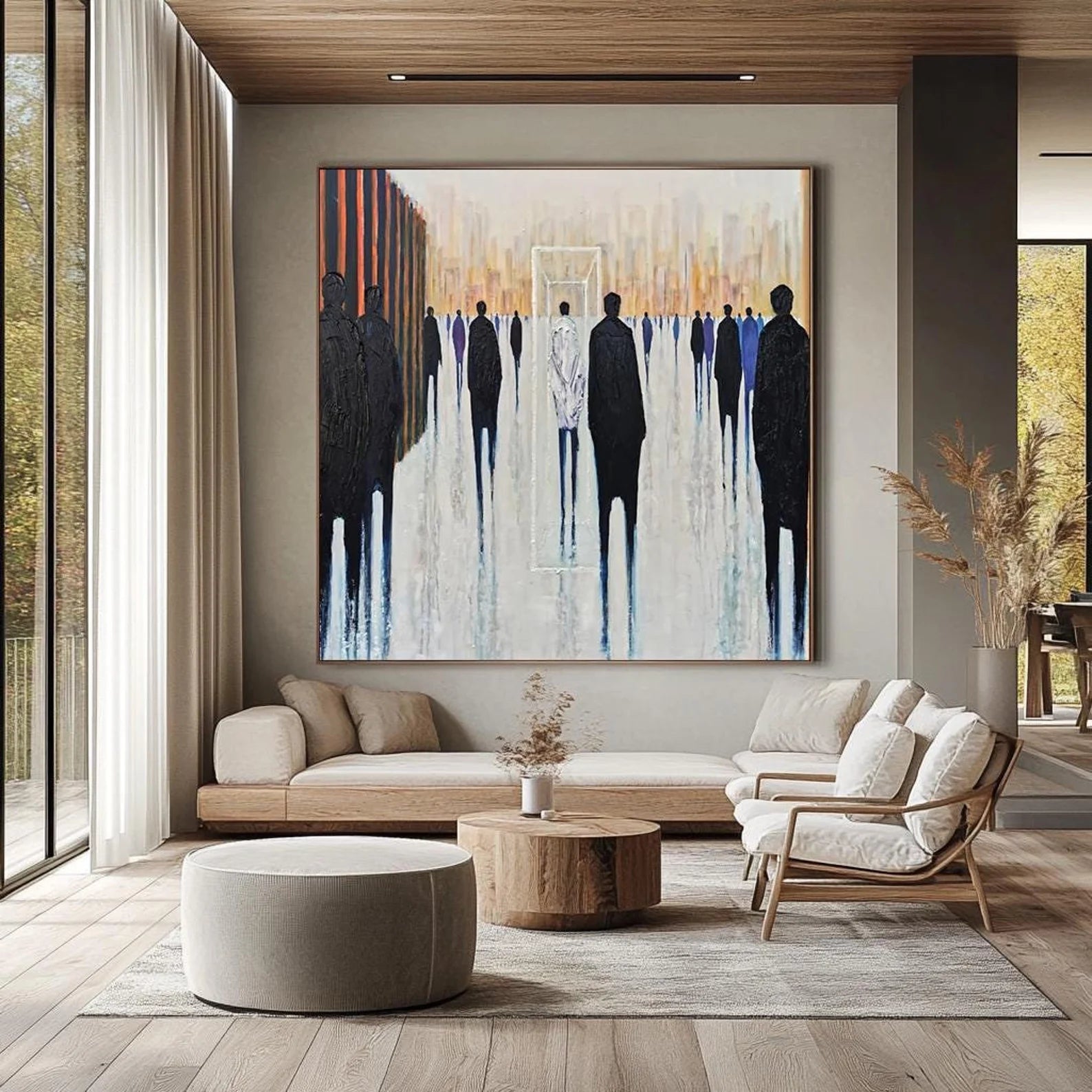 Urban silhouette painting in oil, ideal wall art for stylish lounges or contemporary office spaces
