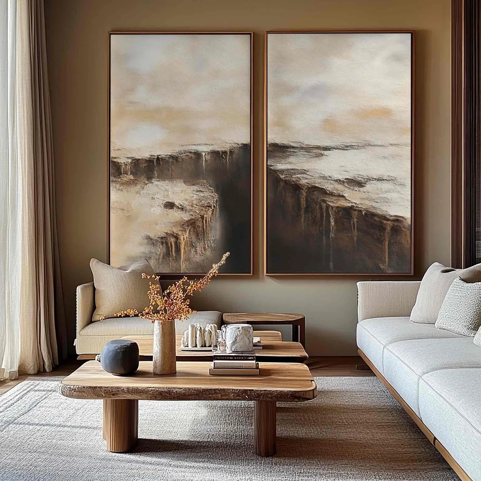 Textured beige and brown handmade diptych, ideal for minimalist living rooms or calming bedroom walls.