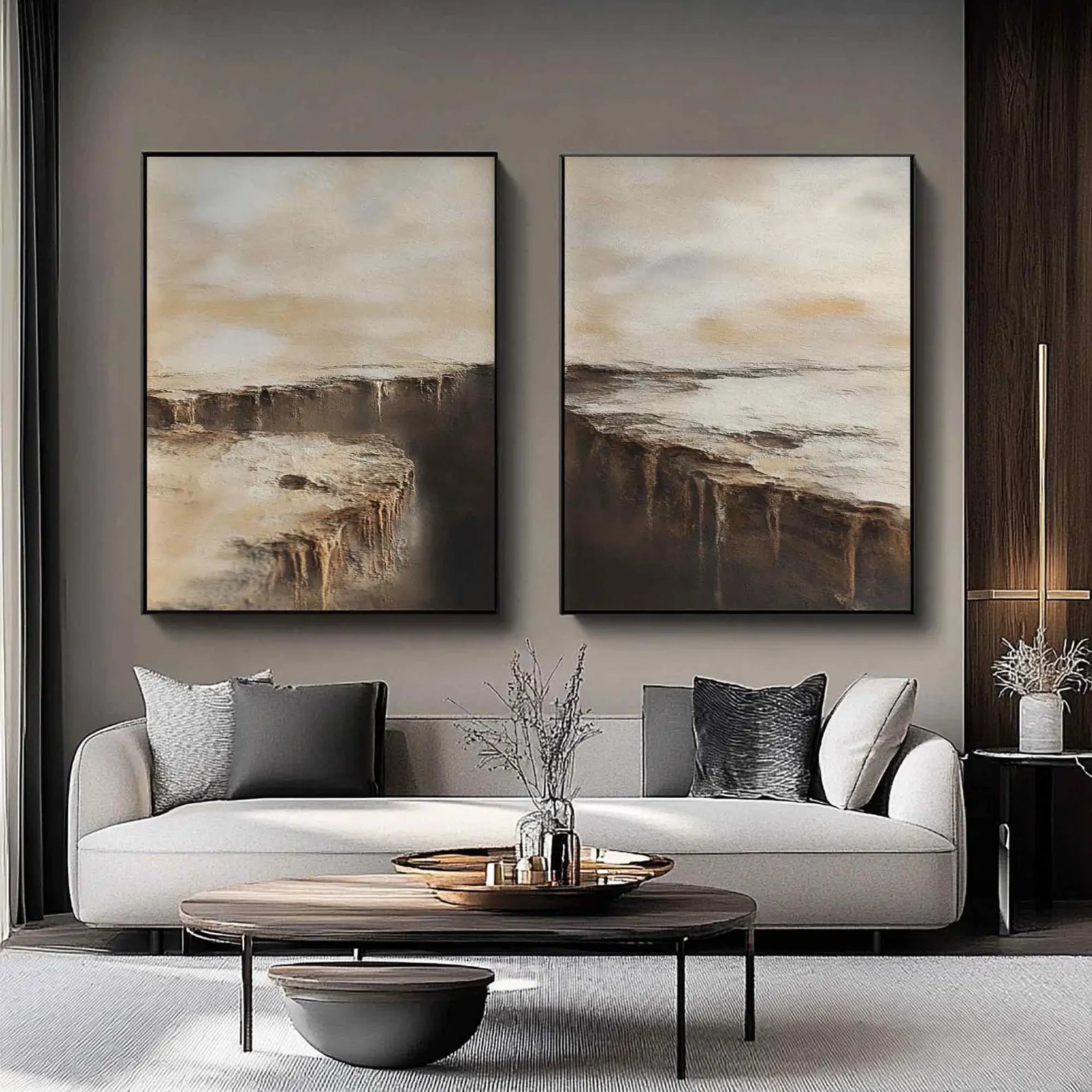 Rustic handmade abstract wall art set, suits neutral-toned lounge areas and modern Scandinavian decor.