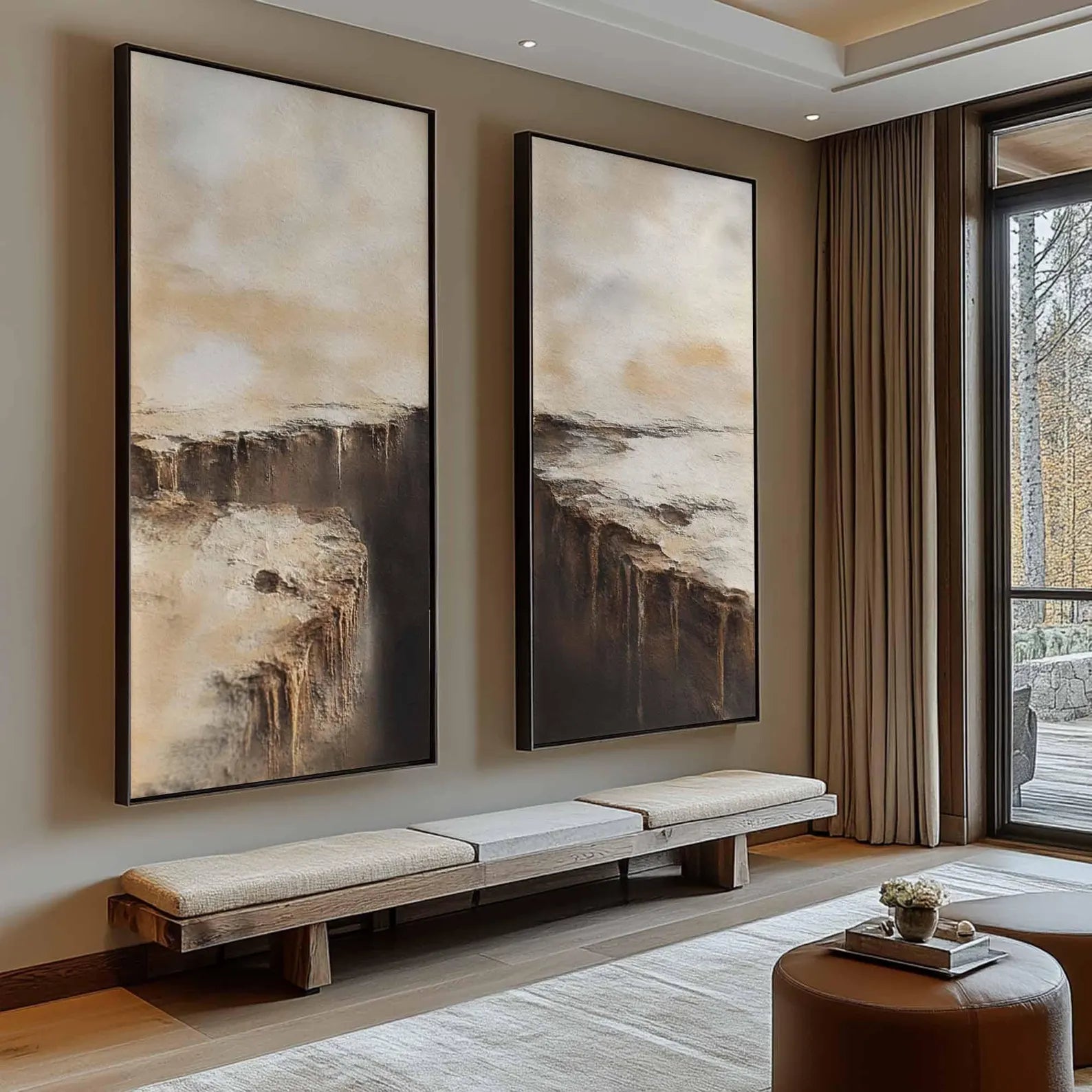 Earthy handmade diptych with cliff-like textures, perfect for peaceful home offices or reading corners.