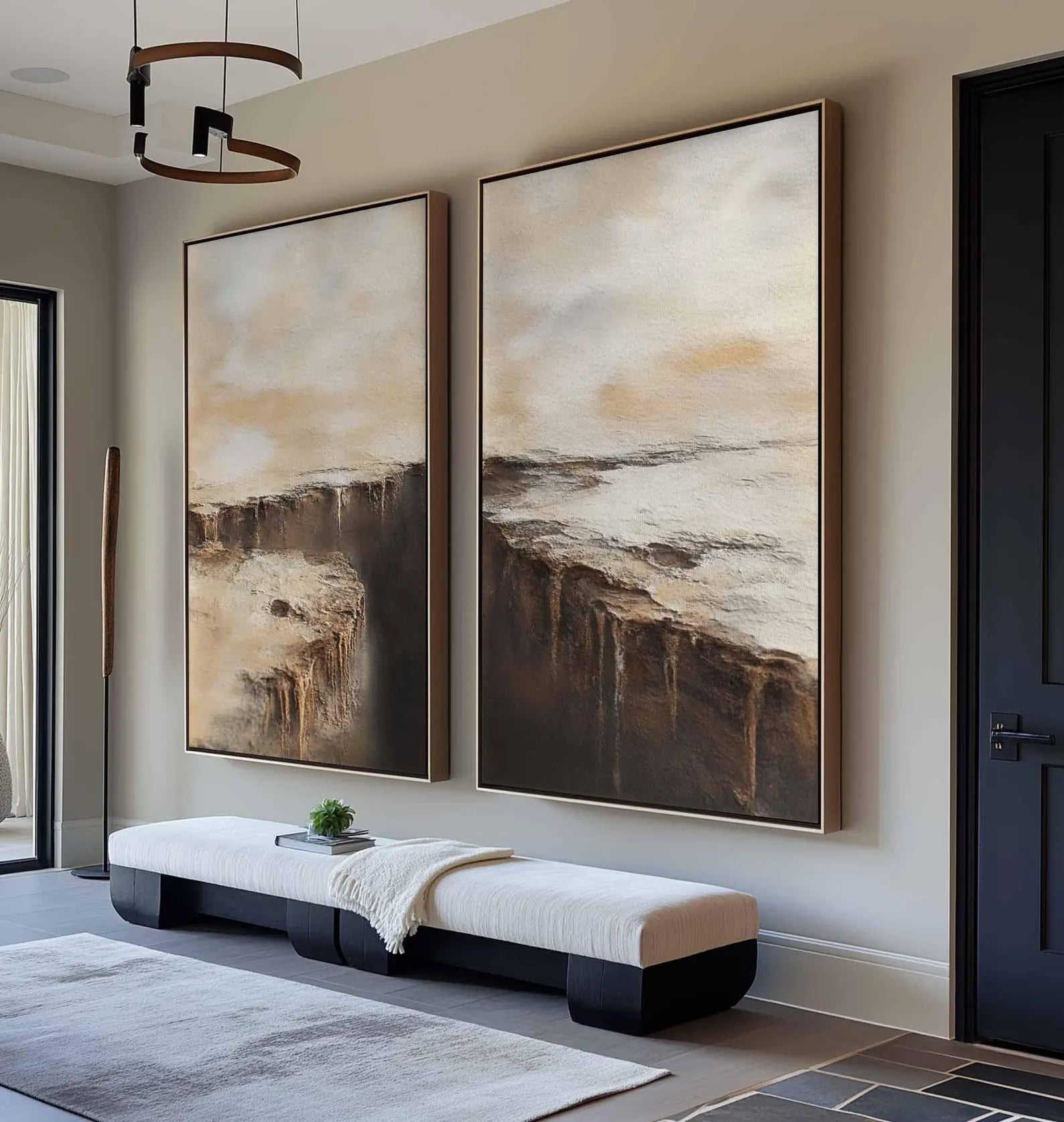 Handcrafted abstract art in natural tones, fits beautifully in contemporary spaces with warm, organic styling.