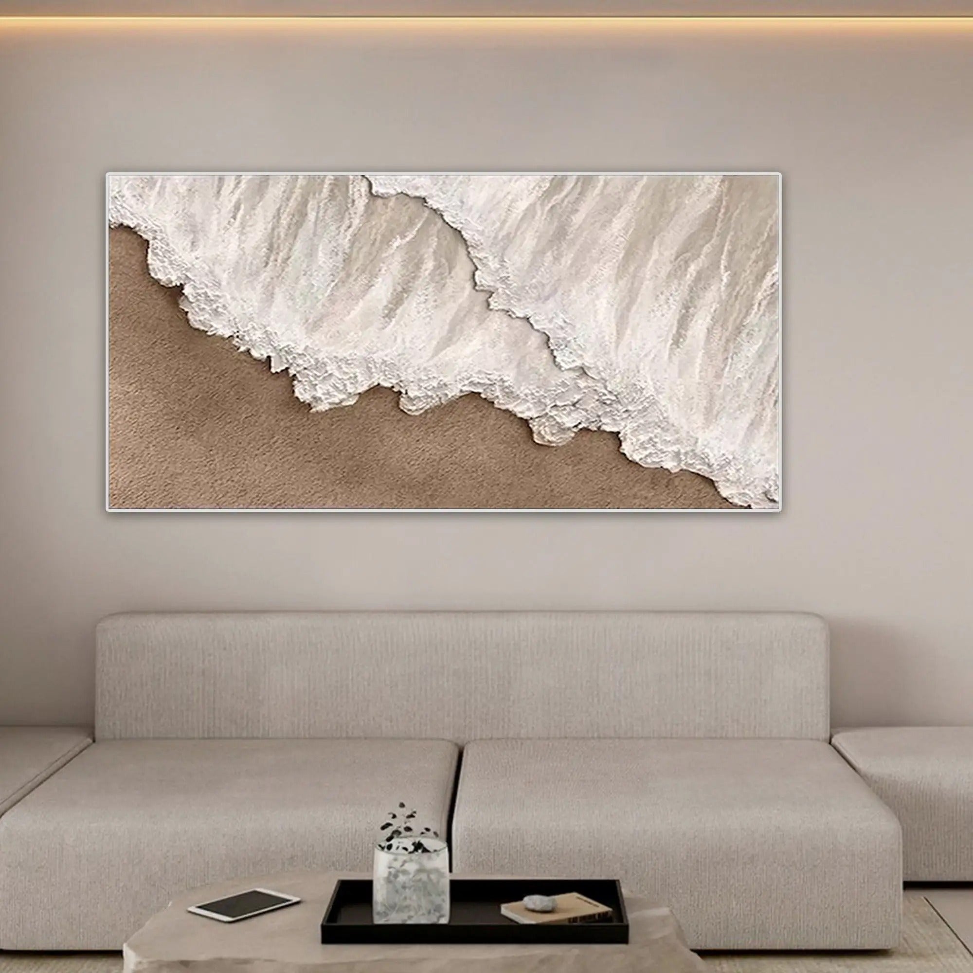 Textured handmade oil painting depicting ocean surf, perfect for spa lounges, guest rooms, or airy home spaces.