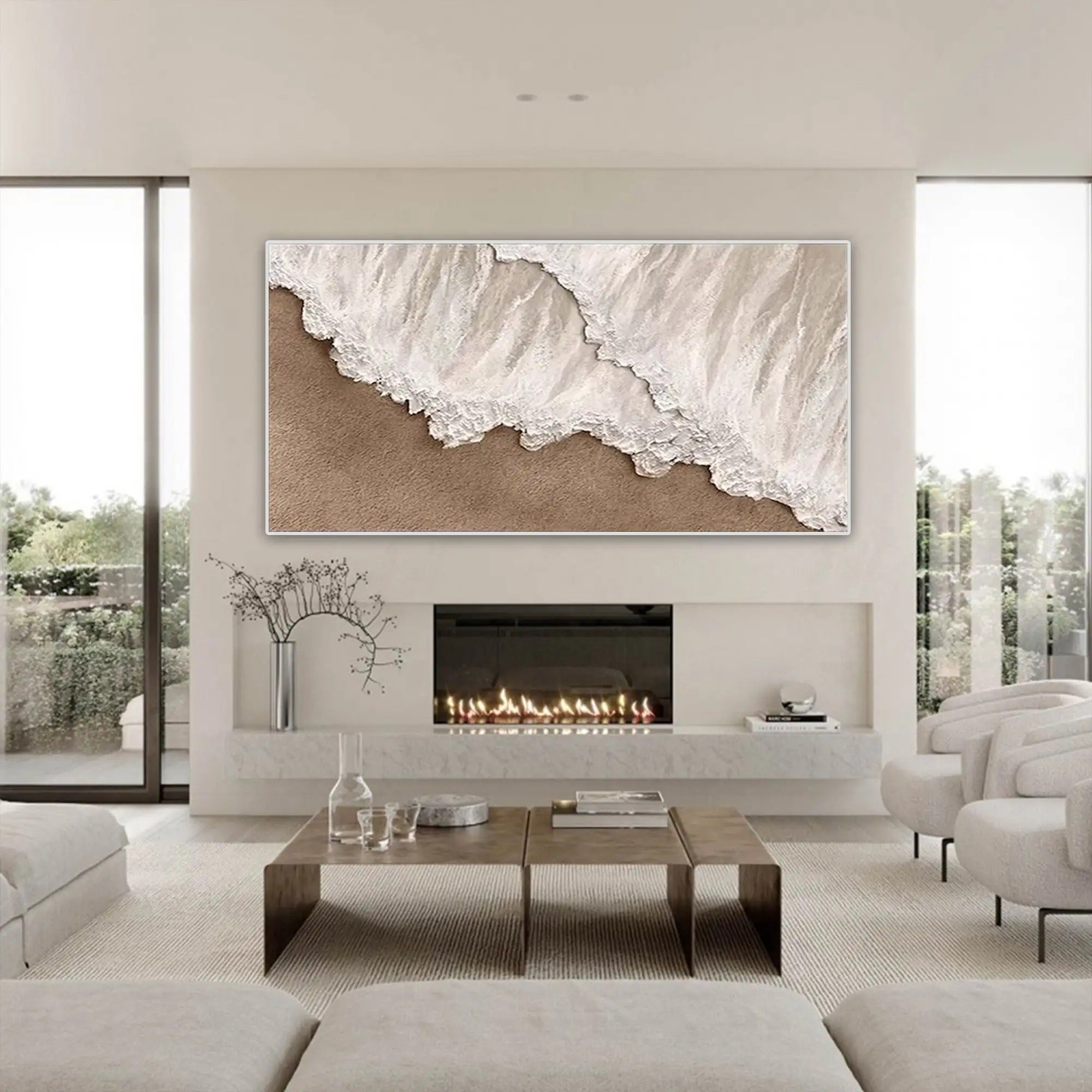 Handmade oil painting showing sandy shores and water foam, suited for Scandinavian homes, wellness studios, or retreats.