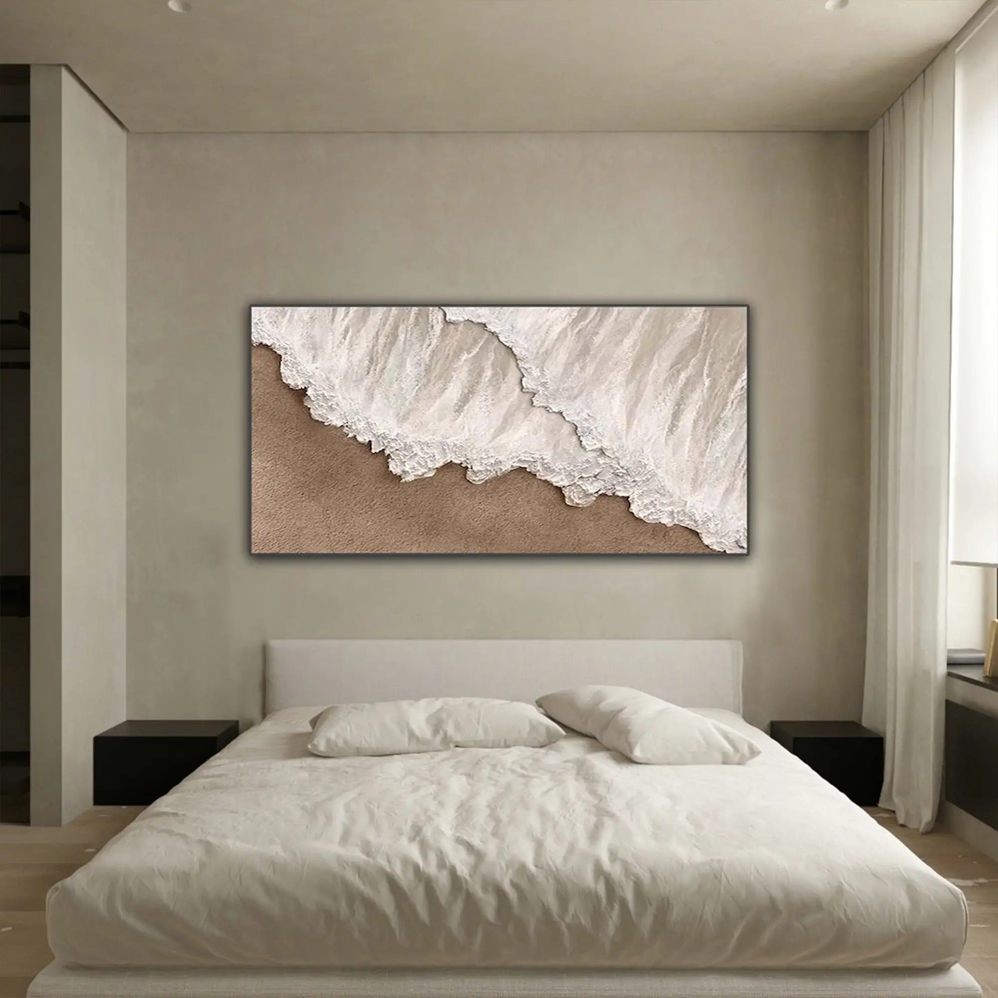 Soft-toned handmade oil artwork of shoreline waves, great for calming office corners, hotel suites, or relaxing nooks.
