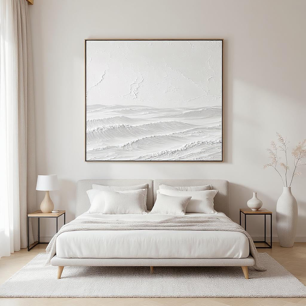 Minimalist bedroom interior featuring original handmade textured wall art ‘White Noise’ by FrameTheWorld, showcasing modern abstract painting and contemporary minimalism in neutral decor.