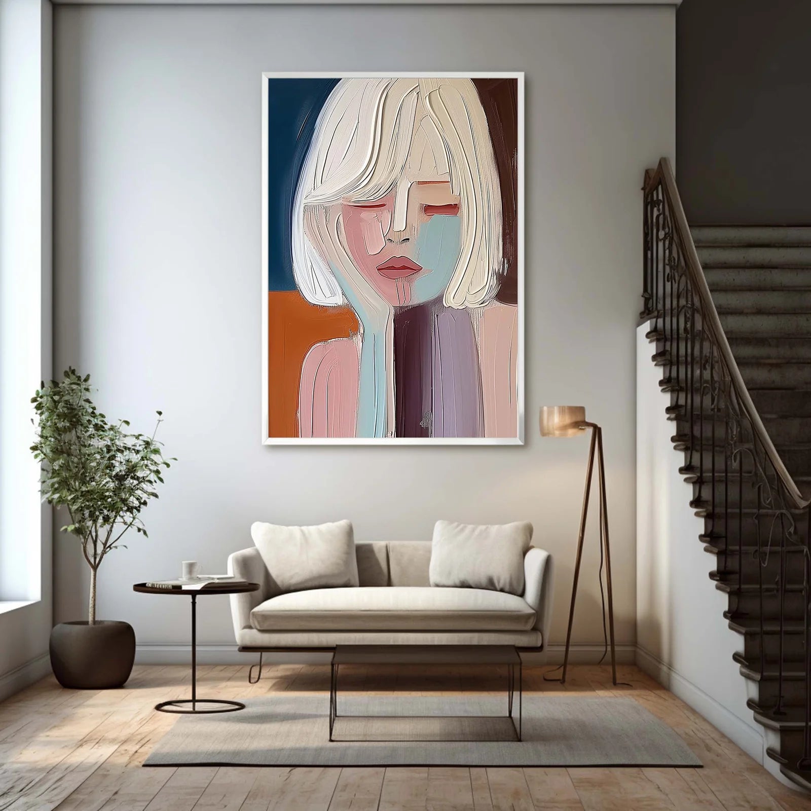 Colorful oil-style wall art of a thoughtful woman, adding depth to Scandinavian-inspired dining spaces