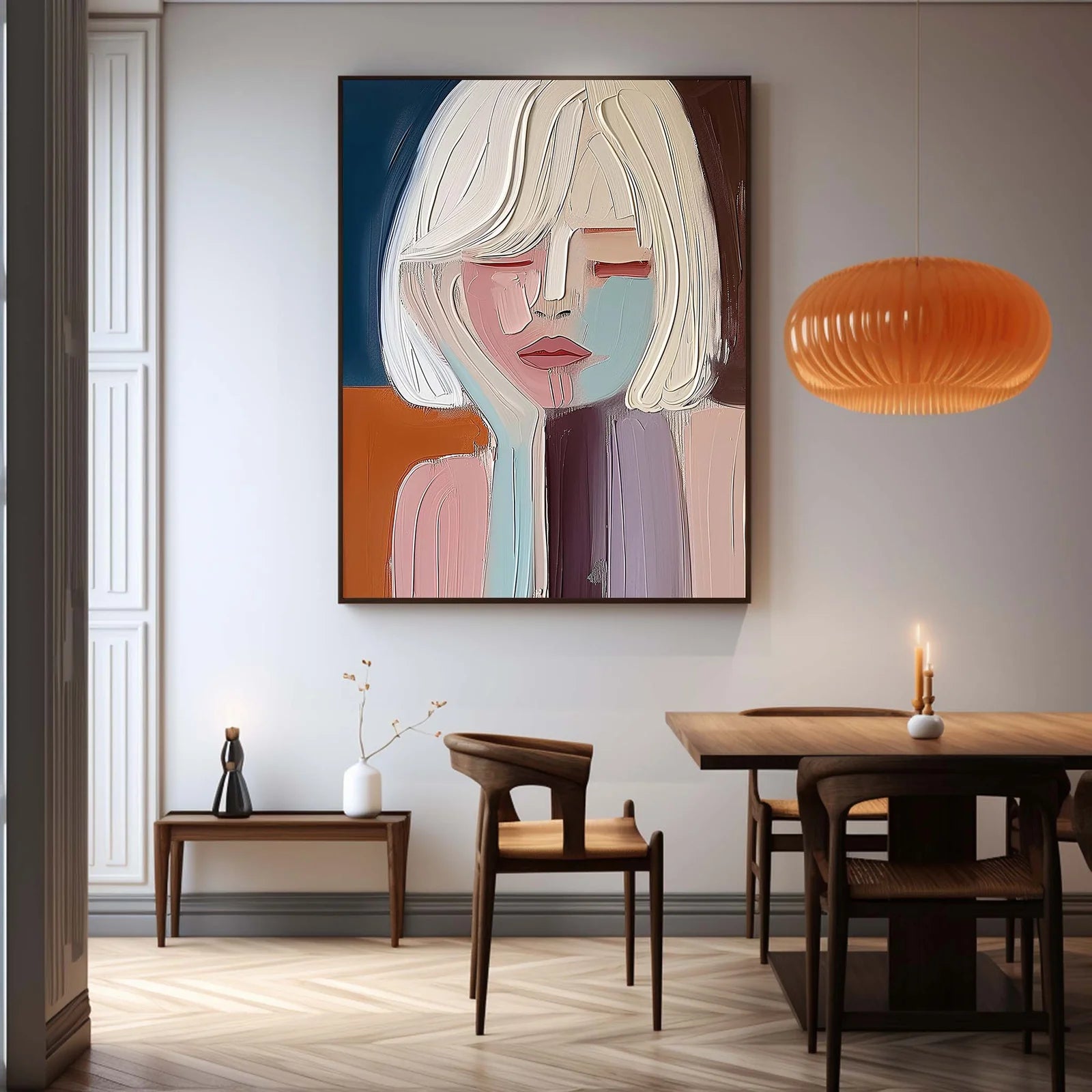Handmade textured art featuring a minimal face in soft pastel tones, ideal for contemporary interiors.