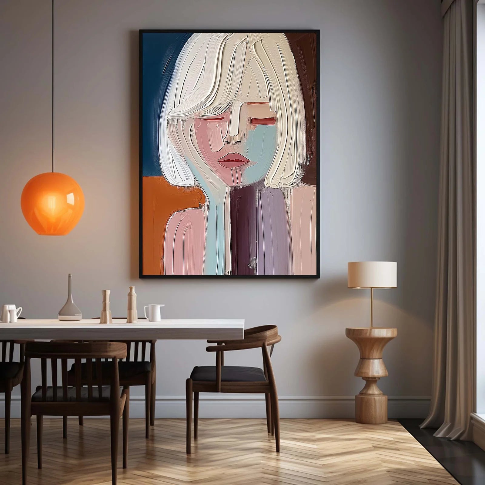 Abstract portrait painting of a blonde woman with closed eyes, perfect for modern dining rooms