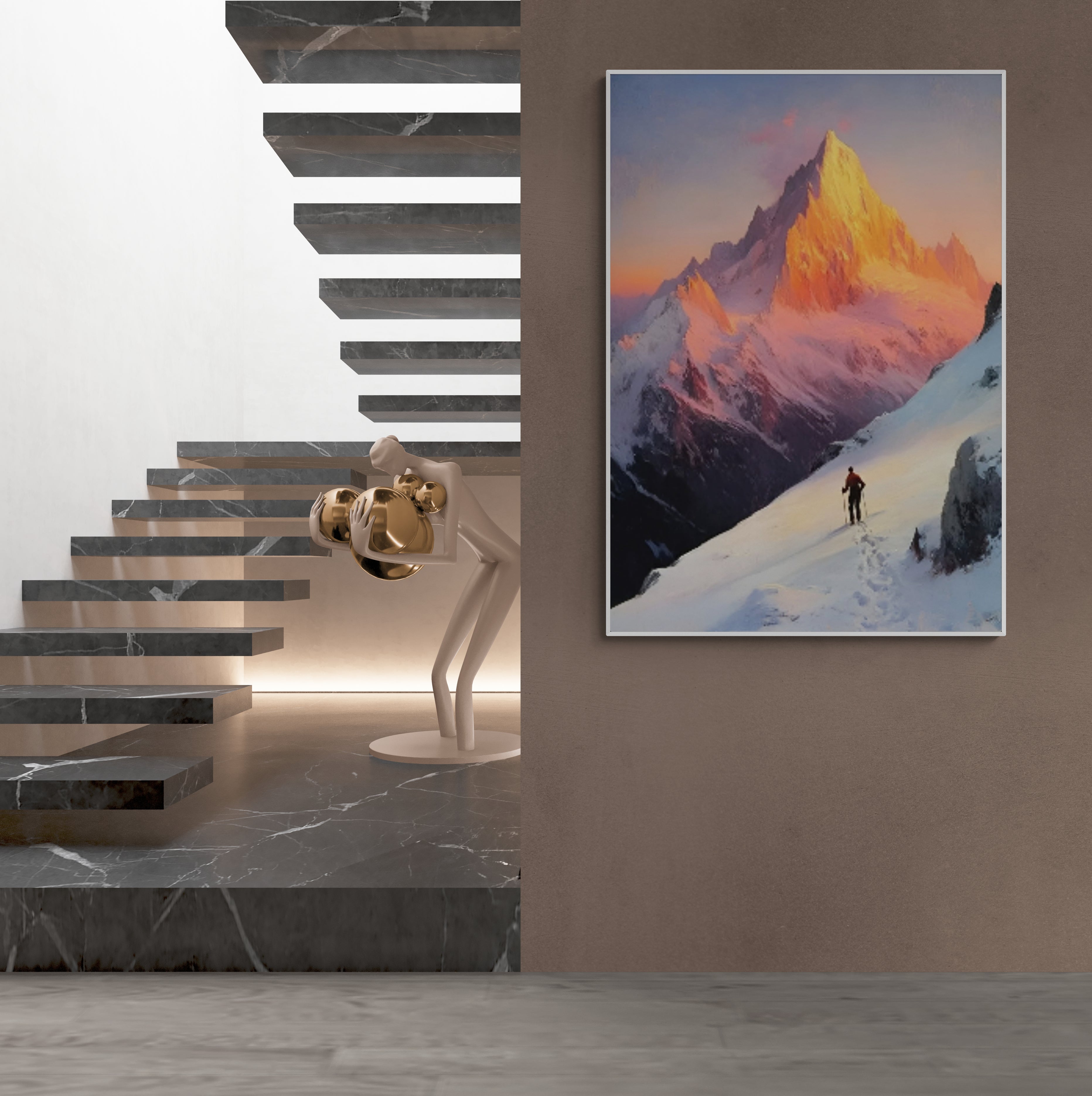 Vibrant mountain wall art with climber, great for modern lofts or statement entryways