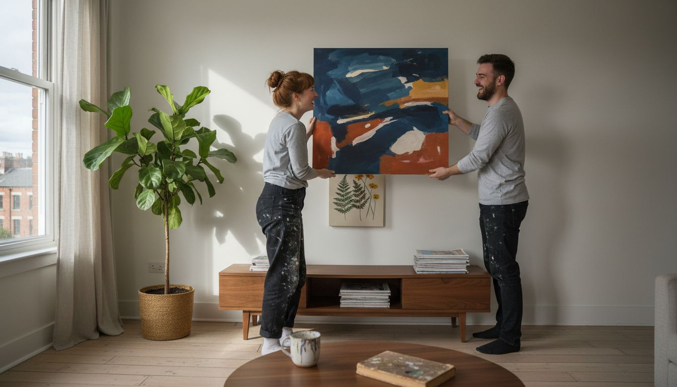Couple hanging trending wall art in living room