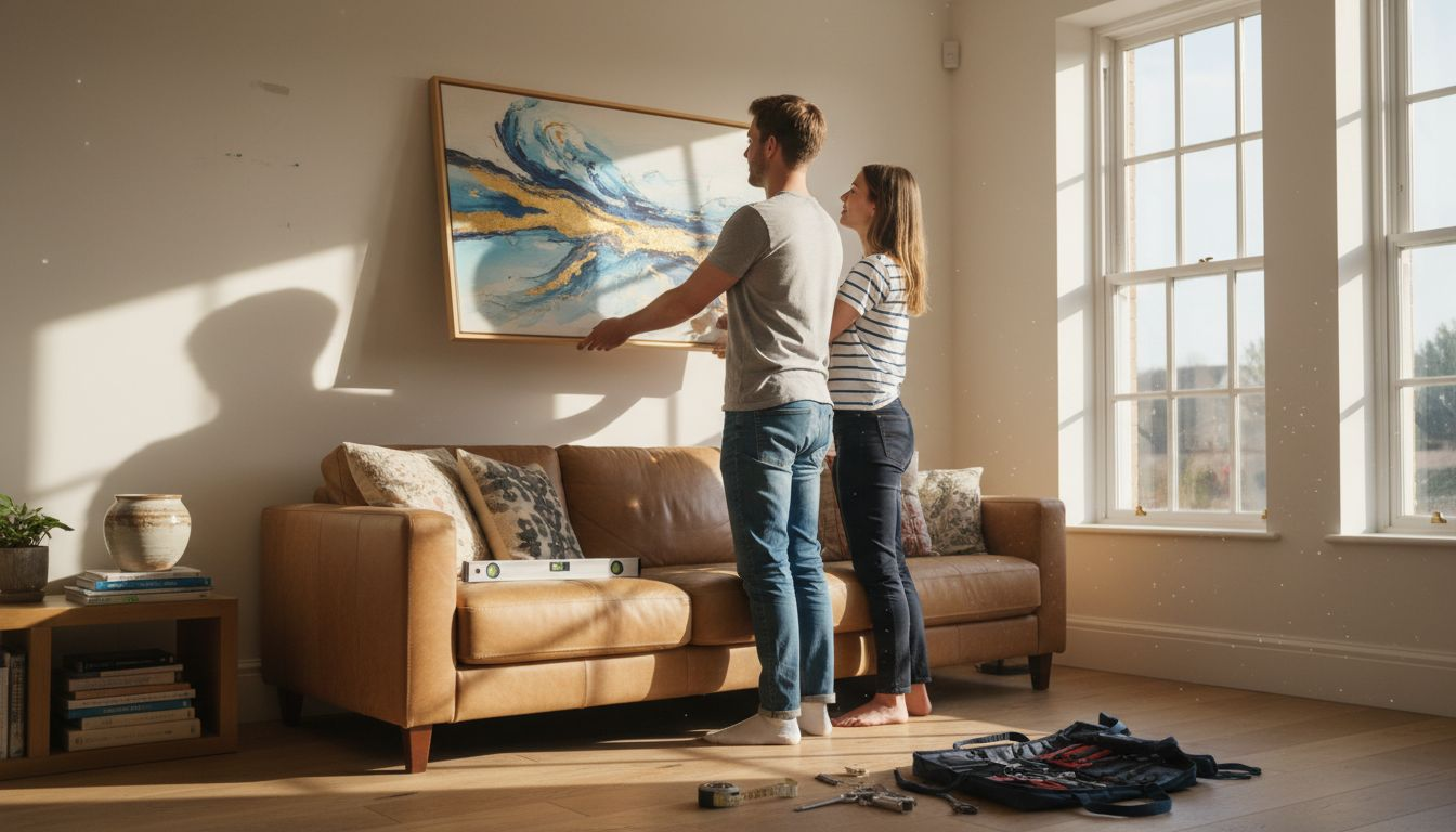 Couple hanging bespoke art in living room