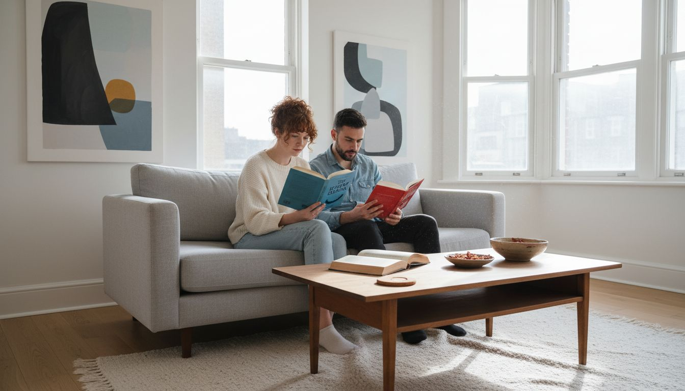 Couple in living room with minimalist art