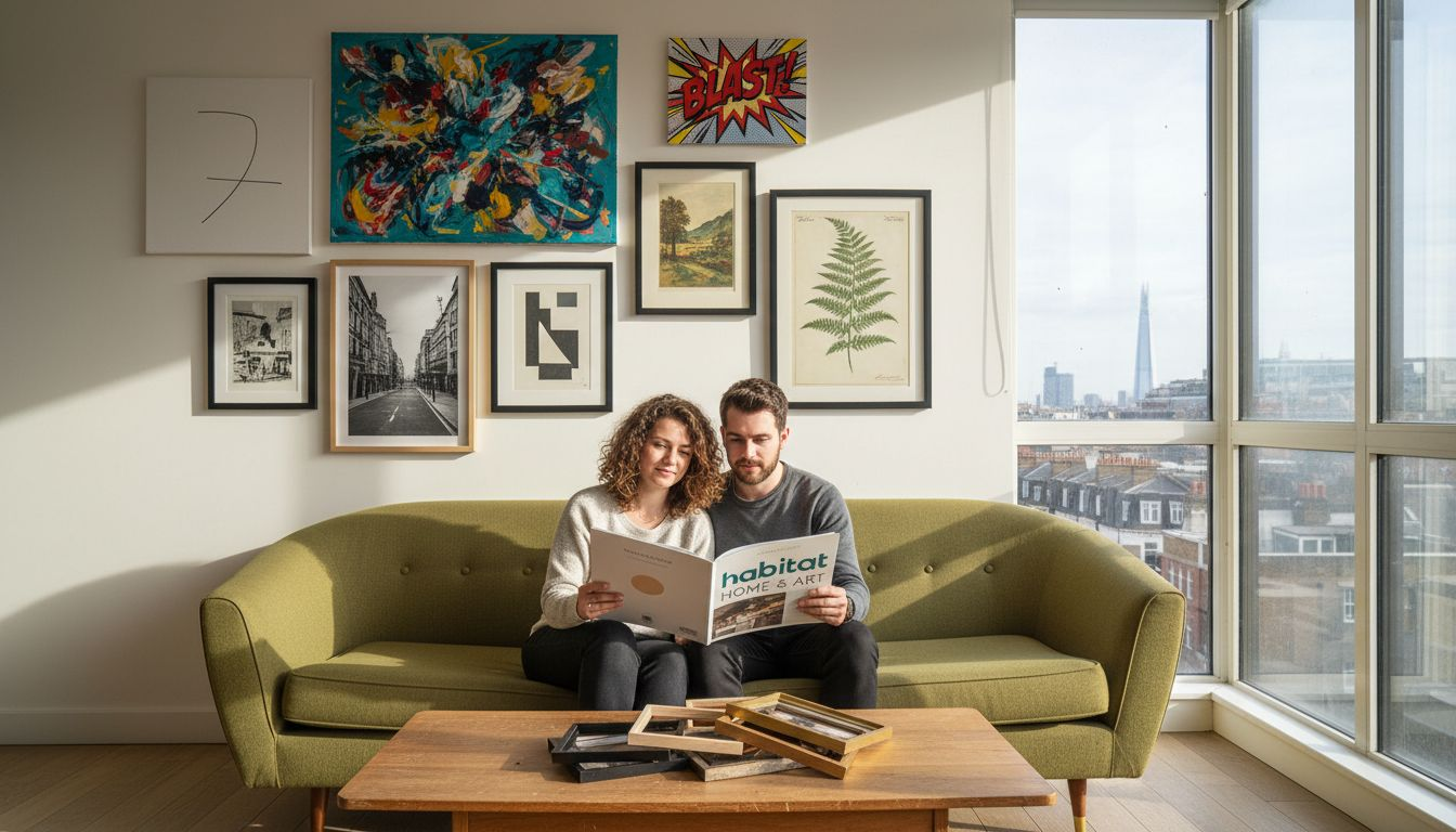 Couple reviewing wall art styles in modern apartment