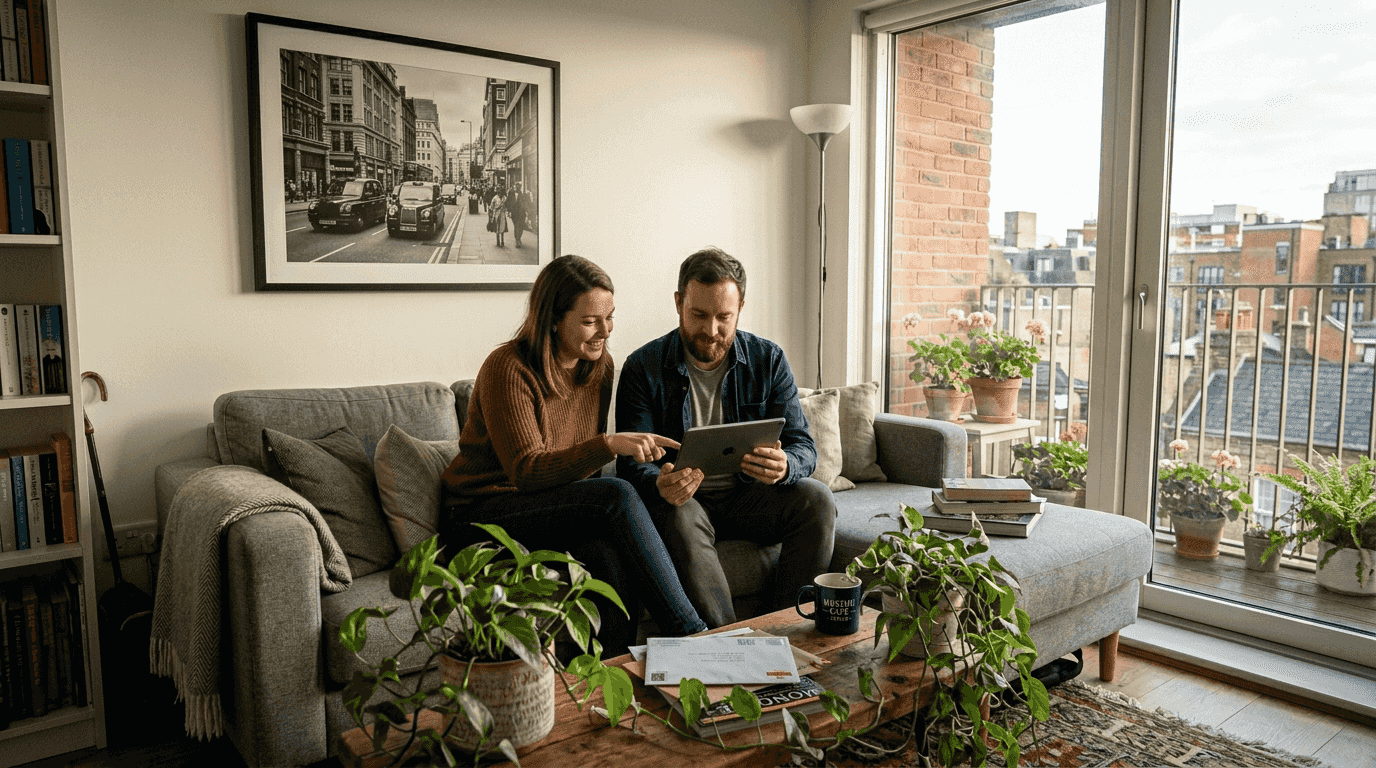 Couple arranges living room photographic wall art
