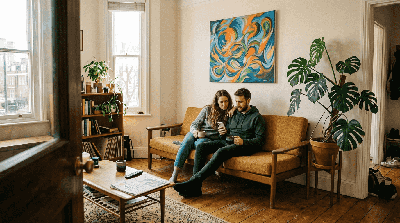 Couple sitting with art centerpiece in living room