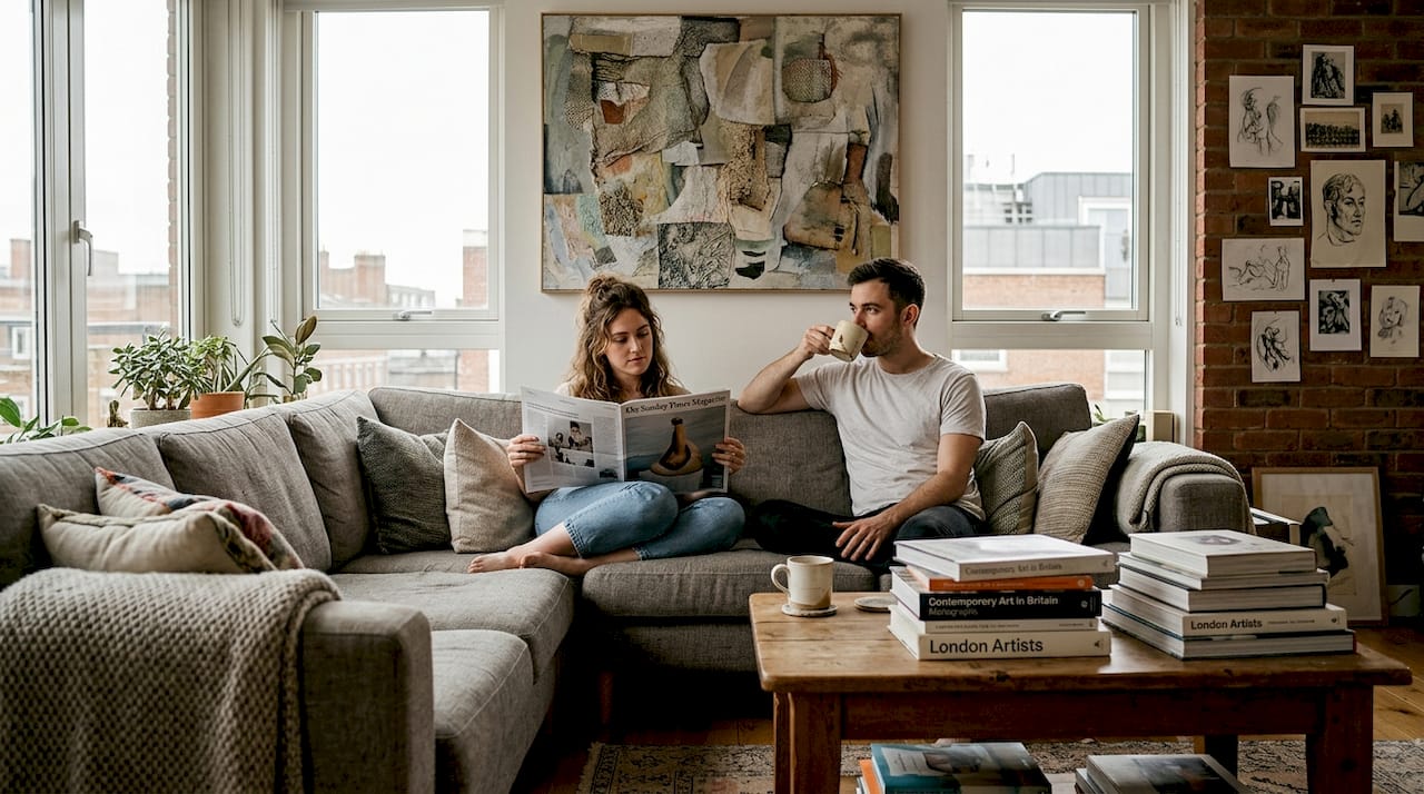 Couple relaxing near custom wall art