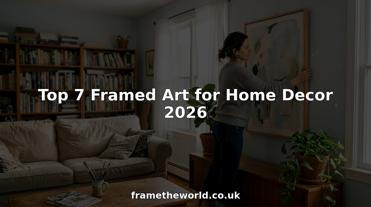 Woman hanging framed art in cozy living room