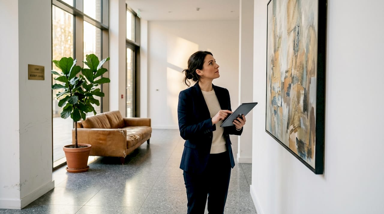Property manager reviewing lobby artwork