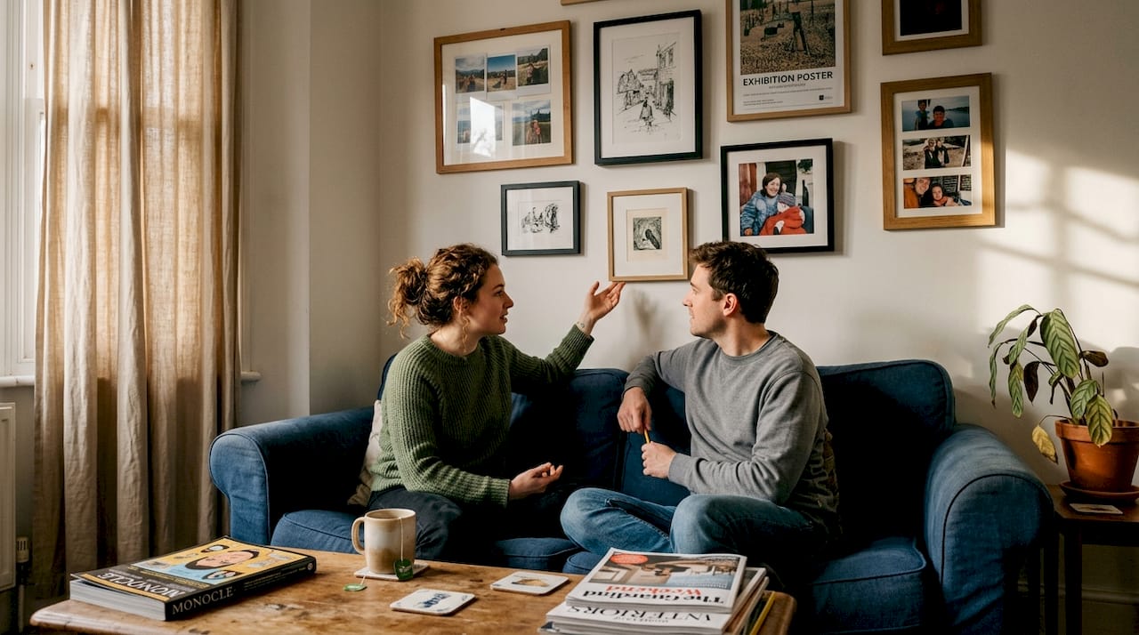 Couple arranging art on gallery wall