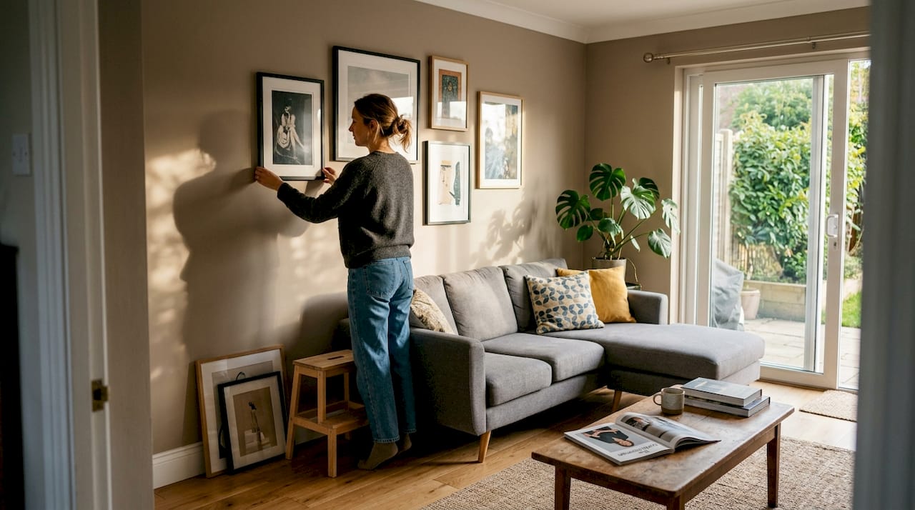 Woman arranging art prints in cozy living room