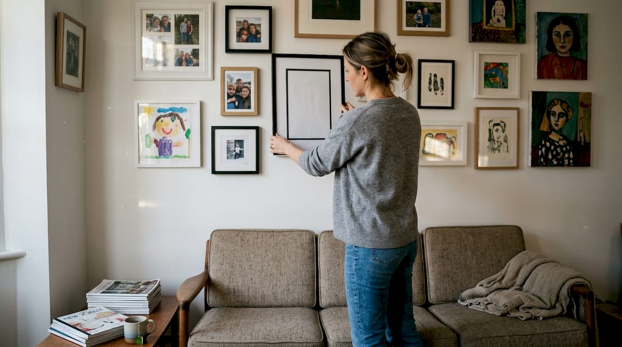 Woman arranging art on home gallery wall