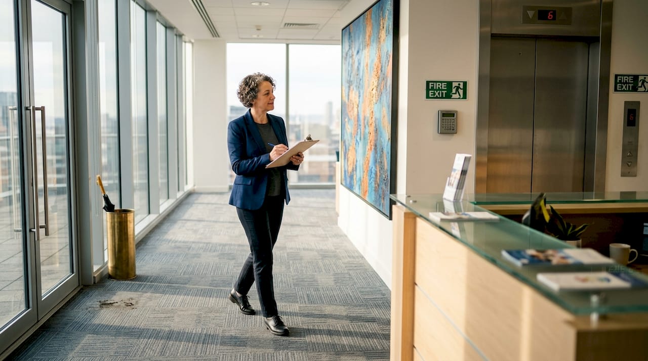 Manager inspecting lobby art installation