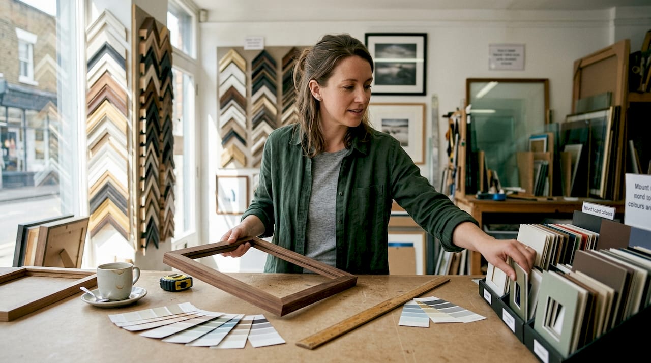 Framing expert choosing materials in studio