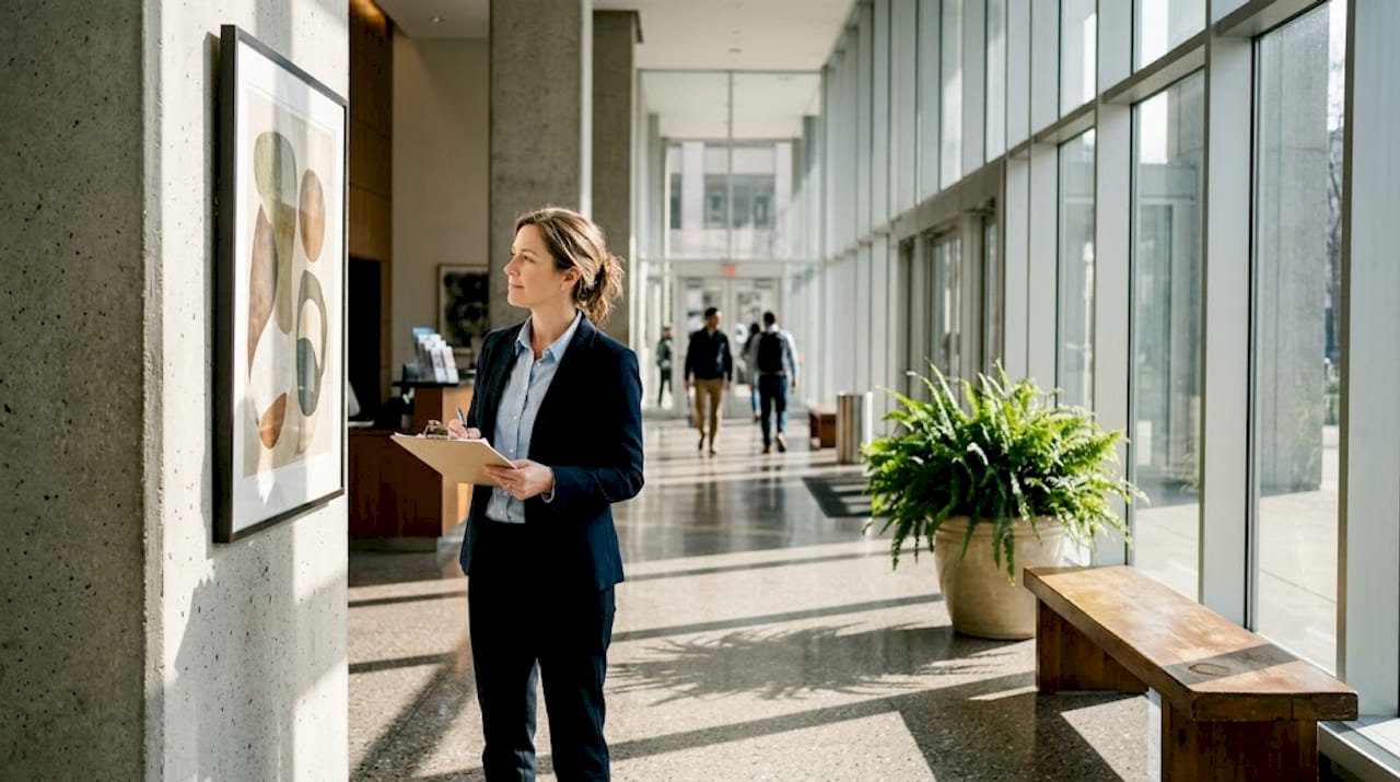 Manager reviews lobby art installation