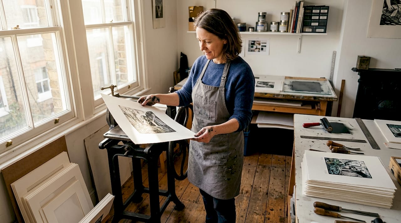 Artist reviews limited edition print in studio