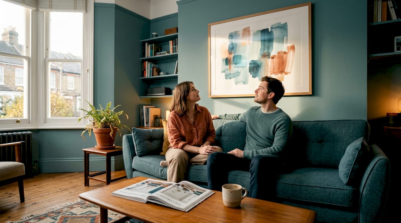 Couple viewing art print in bright living room