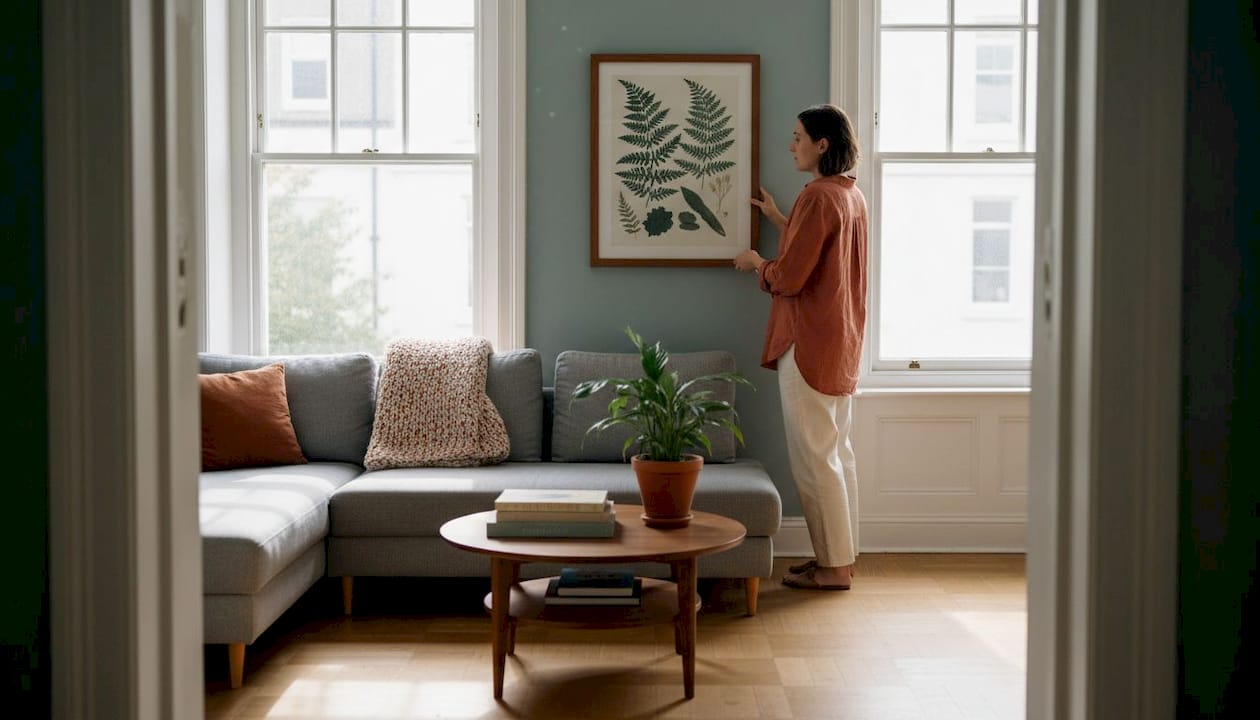 Person arranging decorative prints in bright living room