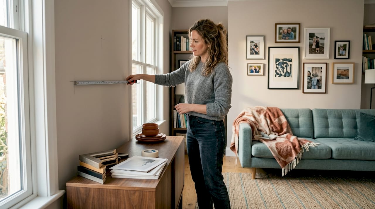 Woman measuring living room wall decor