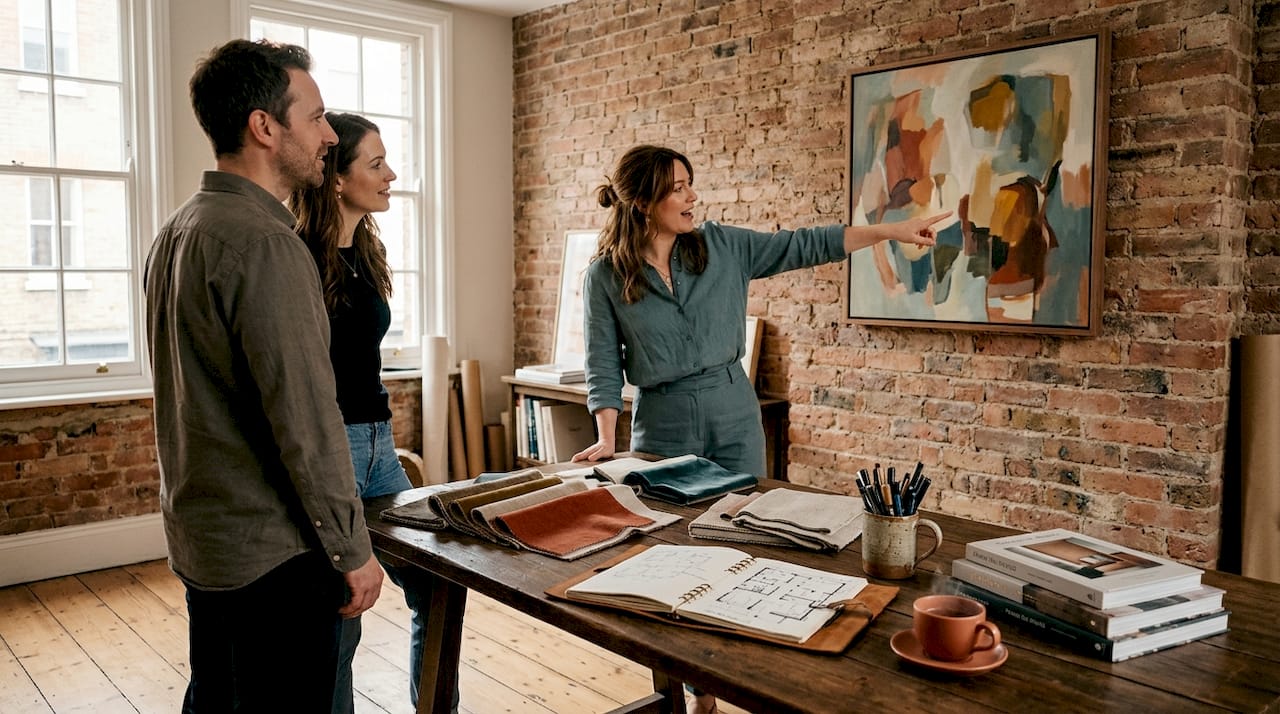 Designer presenting art choices to clients