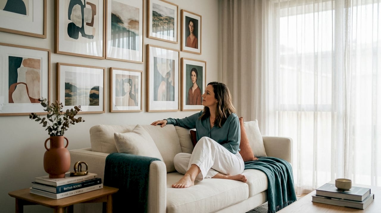 Woman viewing mixed art styles in living room