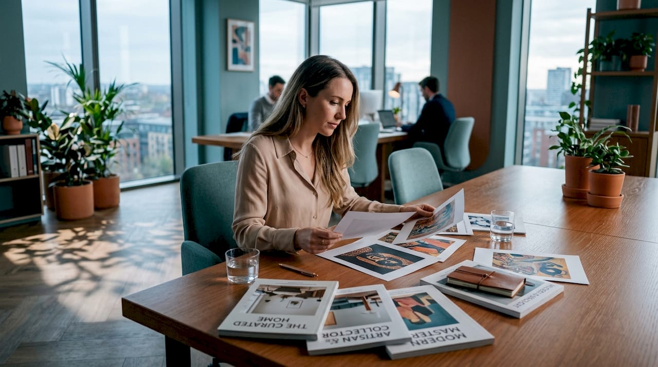 Woman reviewing office art choices at desk