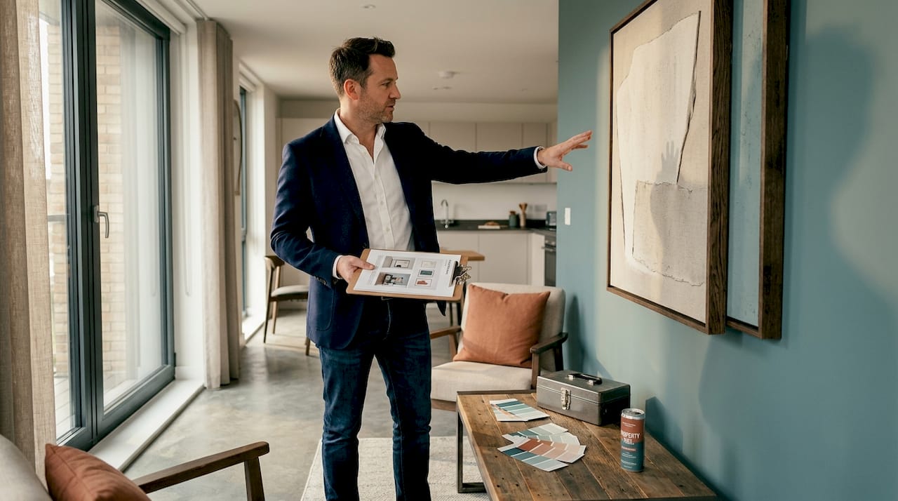 Developer checking wall art plan in apartment