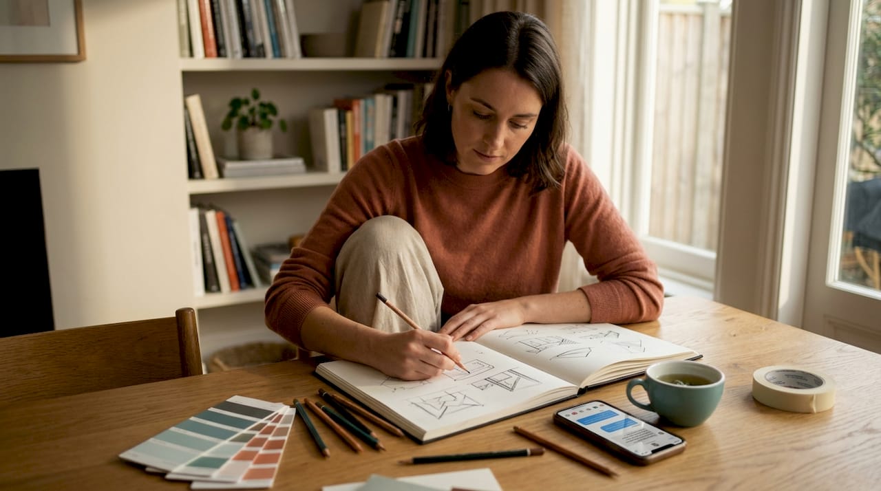 Artist sketching commissioned art at sunny table