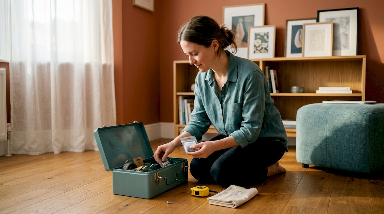 Woman organizing print installation tools in living room