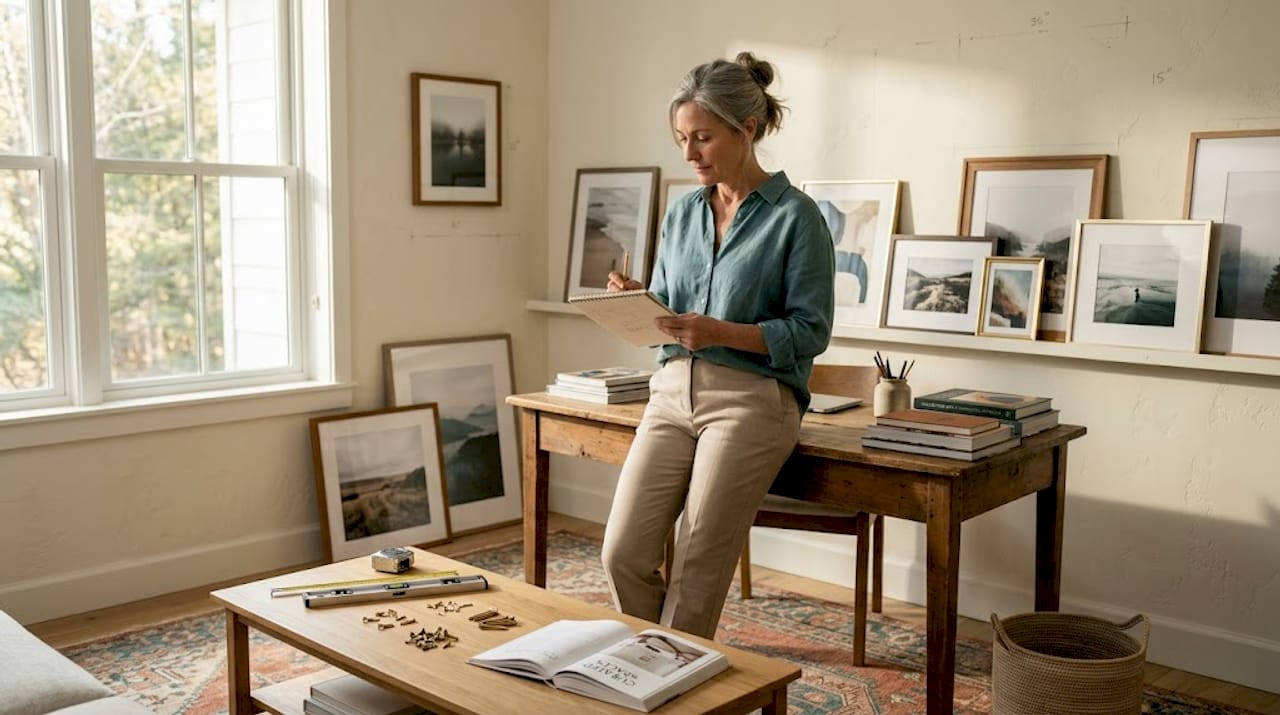 Woman planning art arrangement in living room
