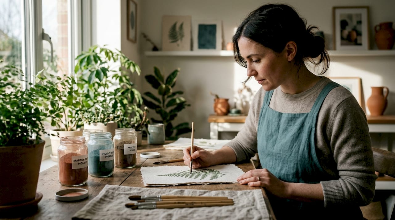 Eco-artist painting botanical illustration in studio
