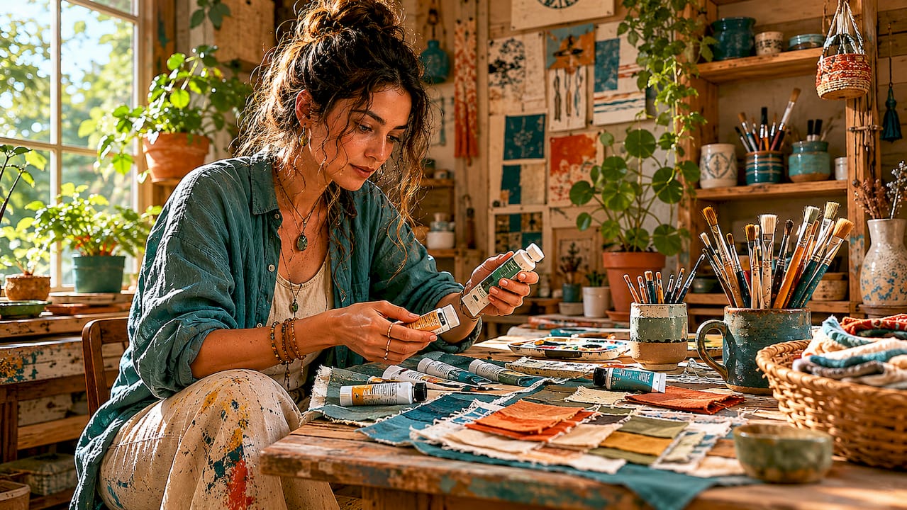 Artist reviewing sustainable art materials in studio