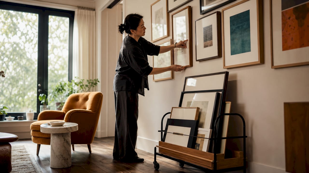 Woman arranging art on living room wall