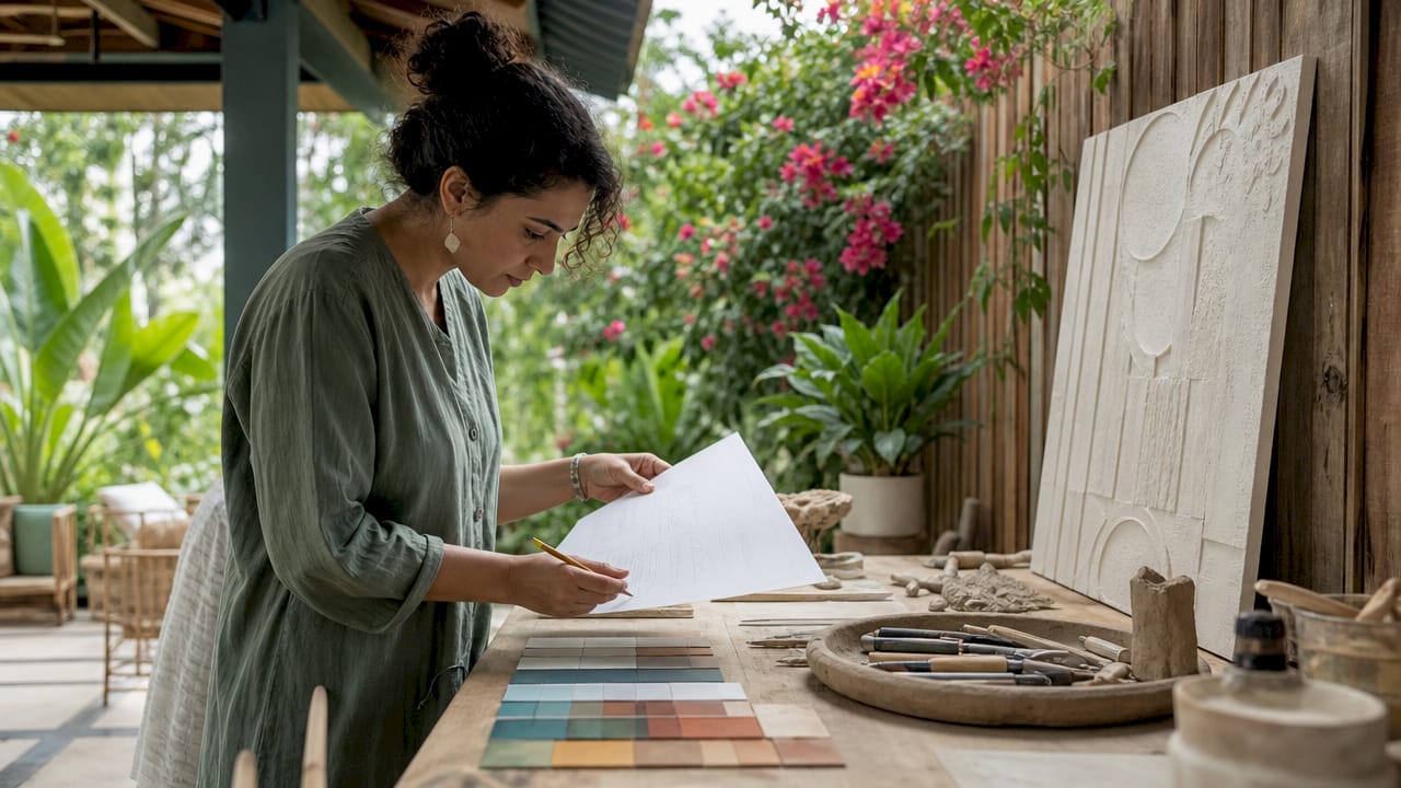 Artist reviewing project-specific art brief at desk