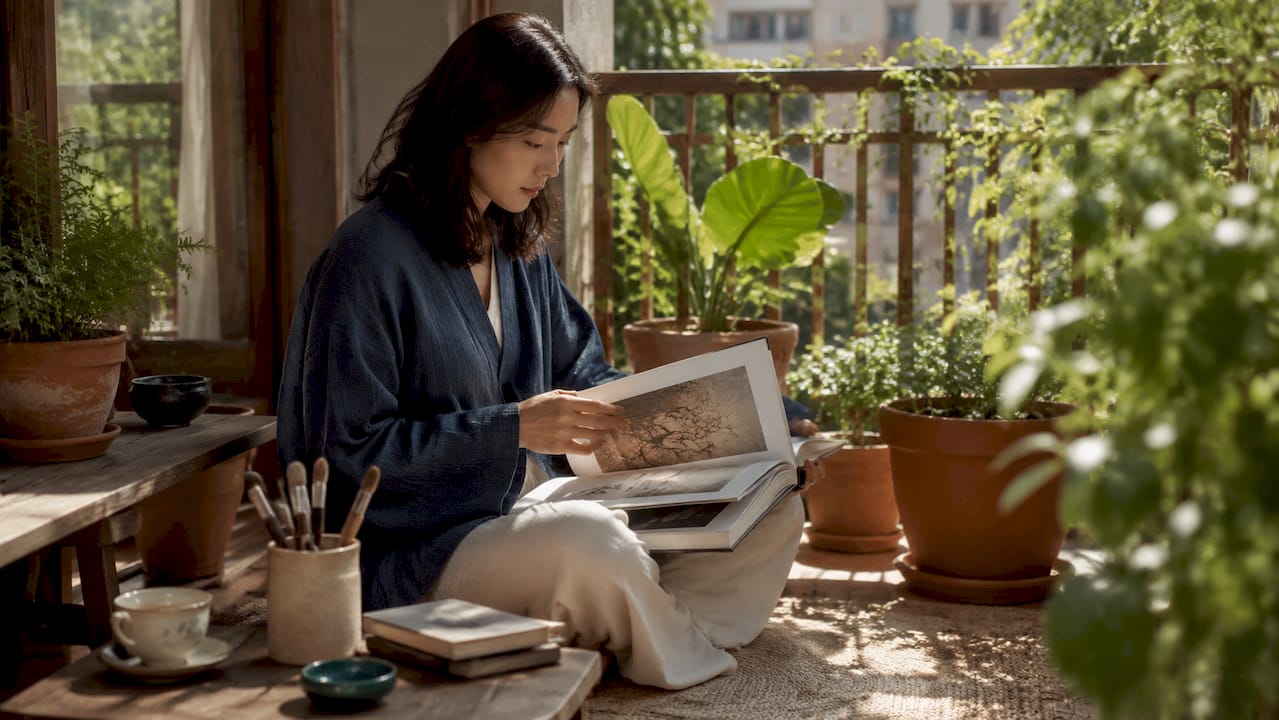 Woman reviewing art styles book in living room