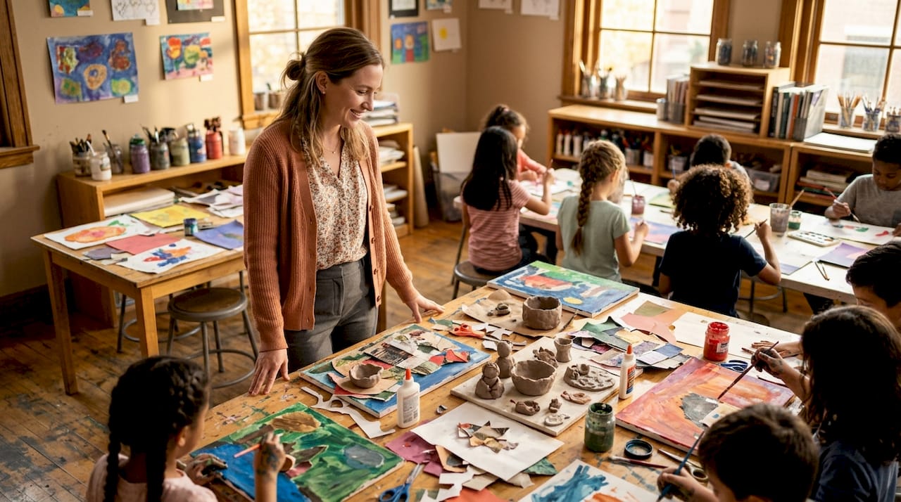 Teacher supervising student art projects in classroom