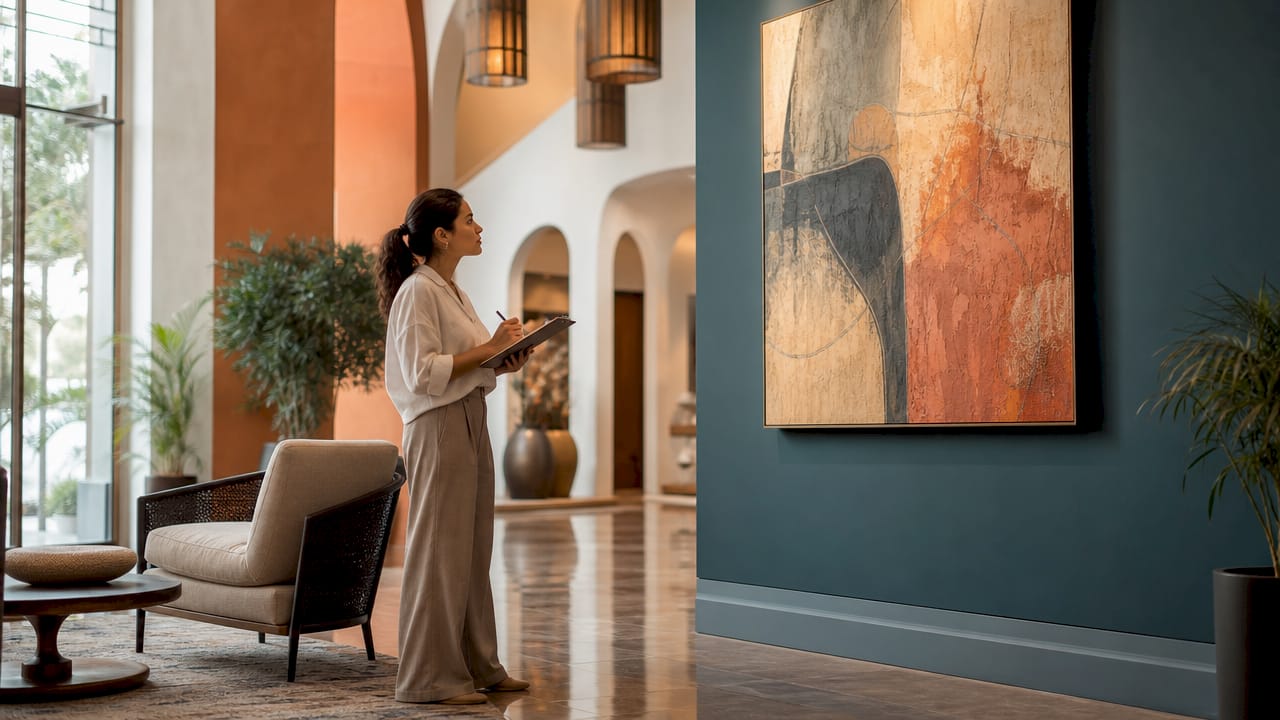 Interior designer evaluating lobby artwork placement