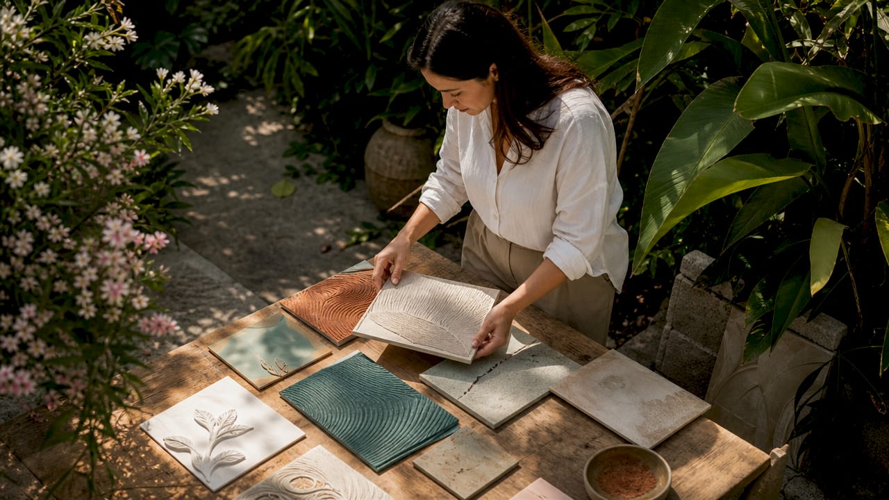 Interior designer reviewing art formats portfolio