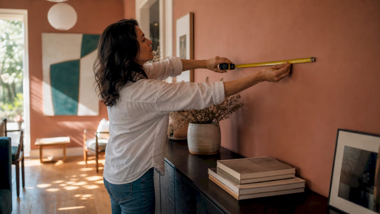Woman measuring wall space above sofa