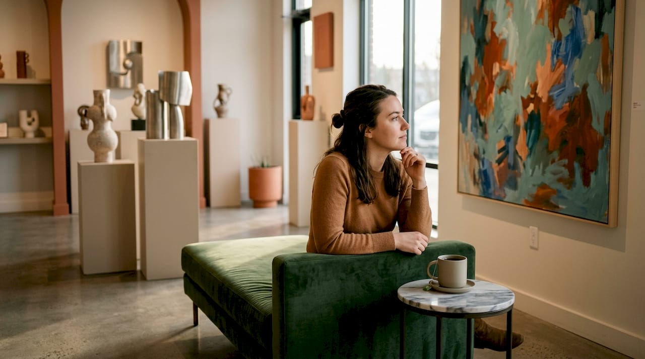 Woman admiring abstract art in living room