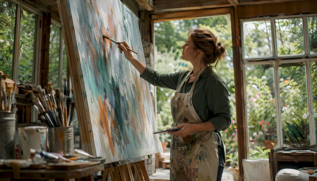 Artist painting large abstract expressionist canvas